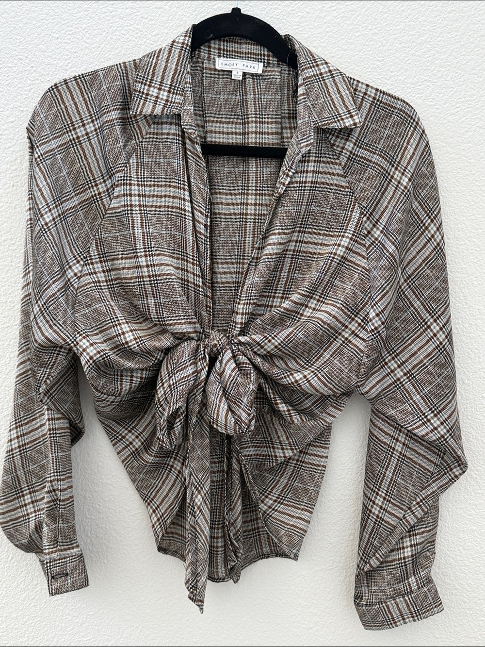 emory park Brown Plaid Tie-Front Button Down Shirt